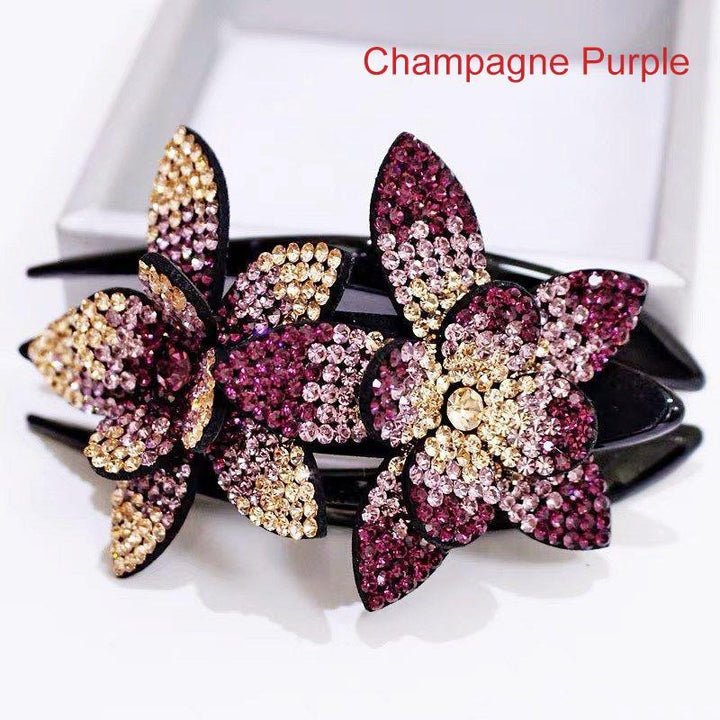 Array of women's rhinestone double flower hair clips, elegant and ready to accessorize various hair types.