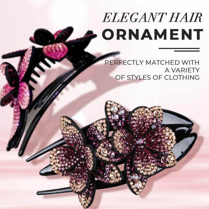 Women's double flower hair clip adorned with rhinestones, an elegant fashion hair accessory for special occasions.
