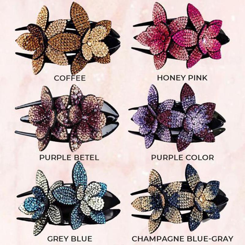 Beautiful double flower hair clip featuring shimmering rhinestones, an essential women's fashion hair accessory.