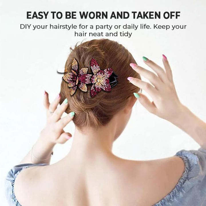 Back view of a women's rhinestone double flower hair clip, highlighting the sturdy clip mechanism.