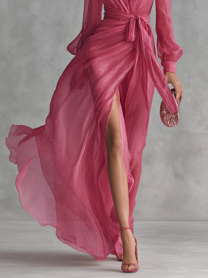 Elegant women's rose pink V-neck maxi dress, tie-waist. Flowing design for chic formal or party wear.