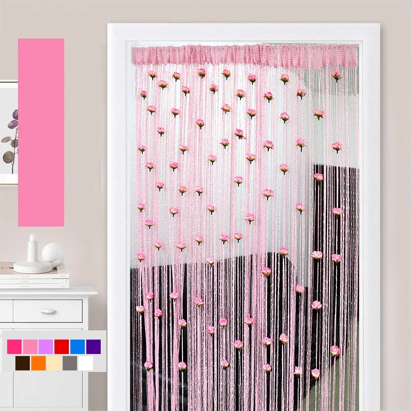 Rose motif thread curtain with elegant tassels, perfect for elegant interior styling