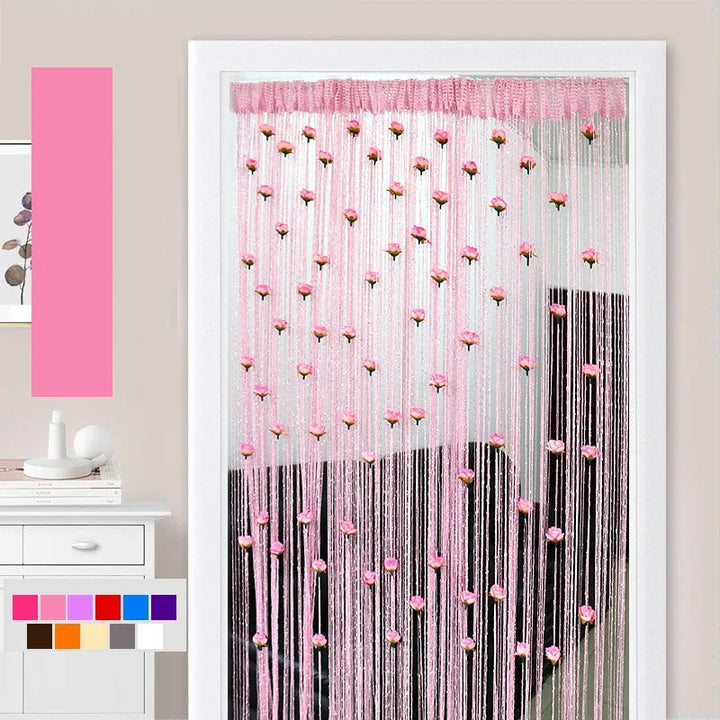Rose motif thread curtain with elegant tassels, perfect for elegant interior styling