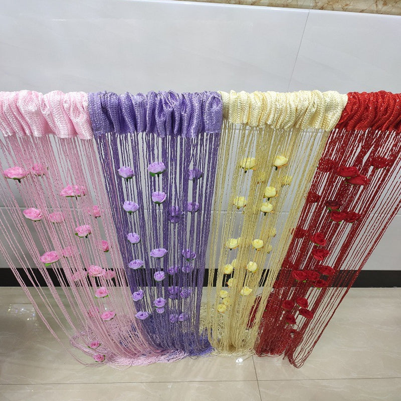 Doorway adorned with an Elegant Rose Thread Tassel Door Curtain, inviting and stylish