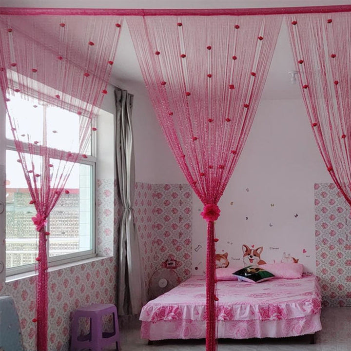 Living room entrance with Elegant Rose Thread Tassel Door Curtain, inviting and elegant