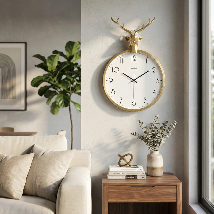 Elegant round wall clock with silent mechanism, perfect for modern living room decor.