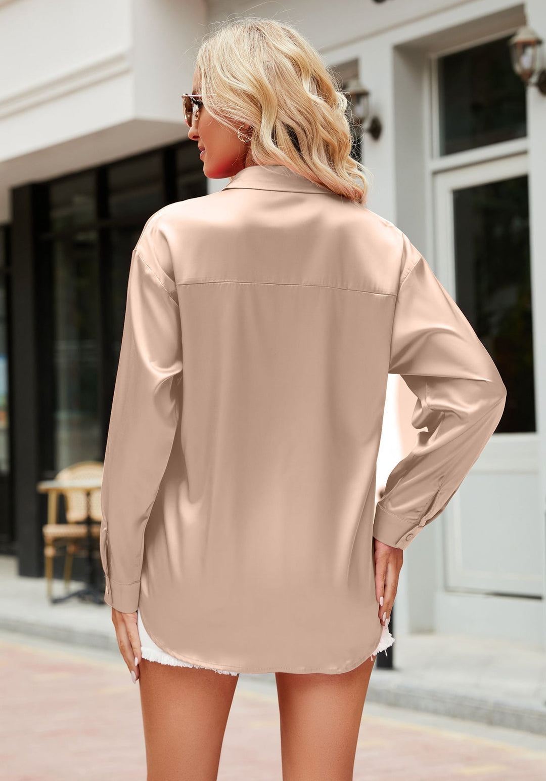 Chic women's flowing satin blouse, a wardrobe essential for everyday comfort and elegant style.