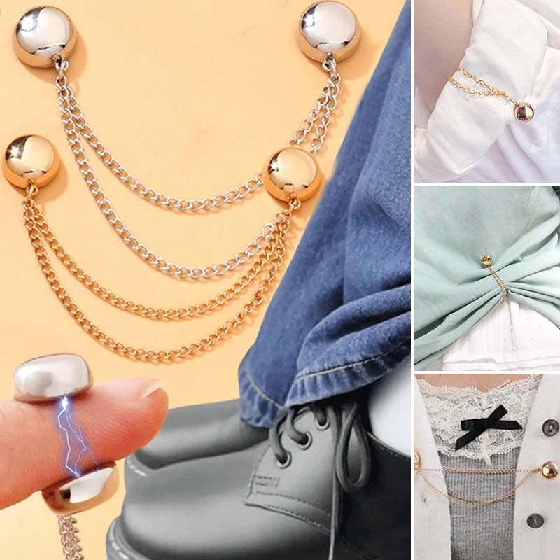 Elegant silver magnetic clothing clips, 2-pack, for women's waists, dresses, and tops, a stylish wardrobe solution.