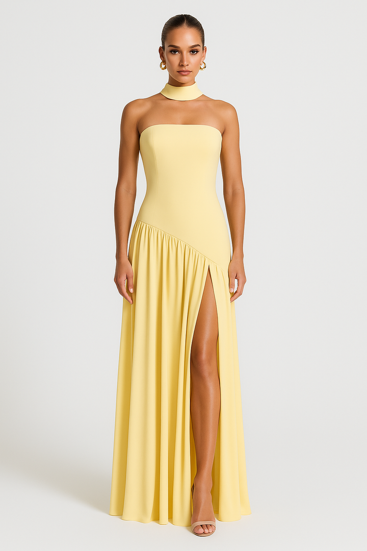 Elegant strapless black maxi dress for women, featuring a thigh-high slit, perfect for evening occasions or parties
