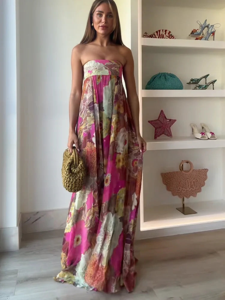 Elegant strapless floral maxi dress for women, perfect wedding guest attire for spring and summer formal occasions.