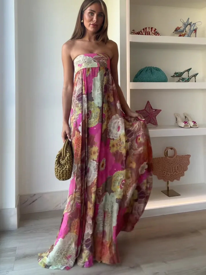 Women's strapless floral print maxi dress, an elegant and formal wedding guest dress for spring & summer events.