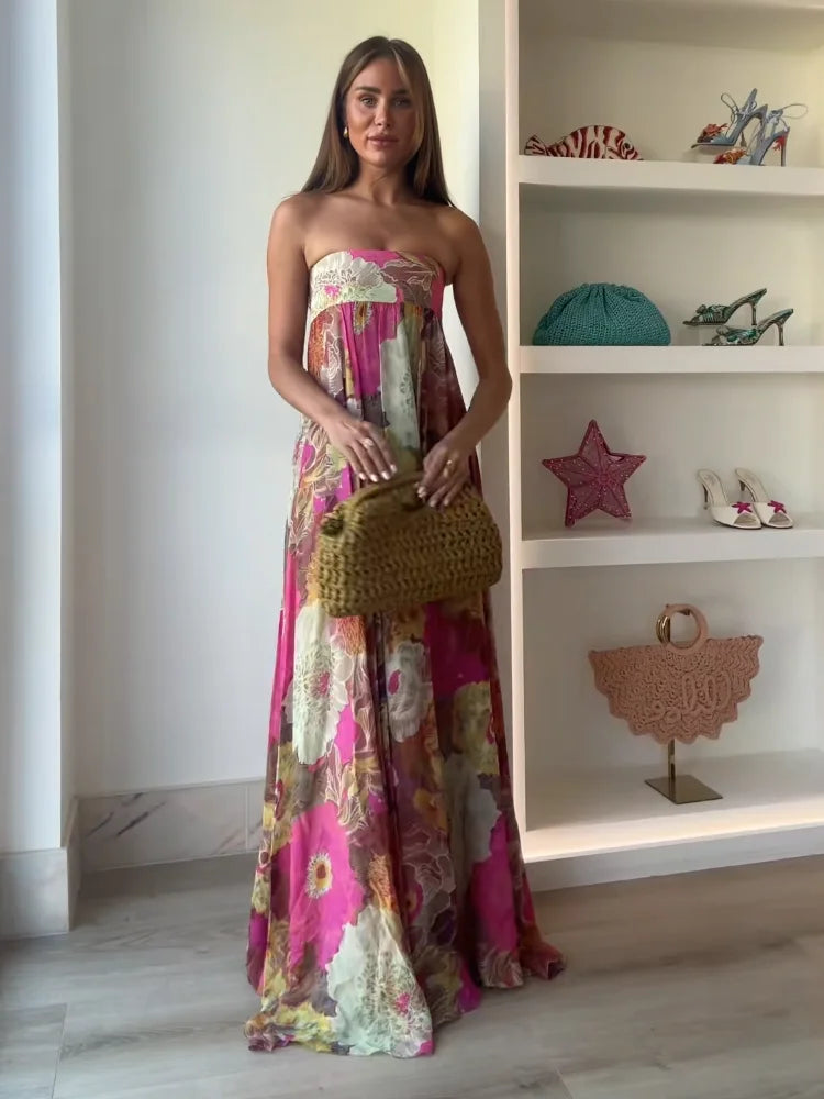 Chic women's strapless floral maxi dress, ideal for wedding guests, formal events, and elegant evening wear.