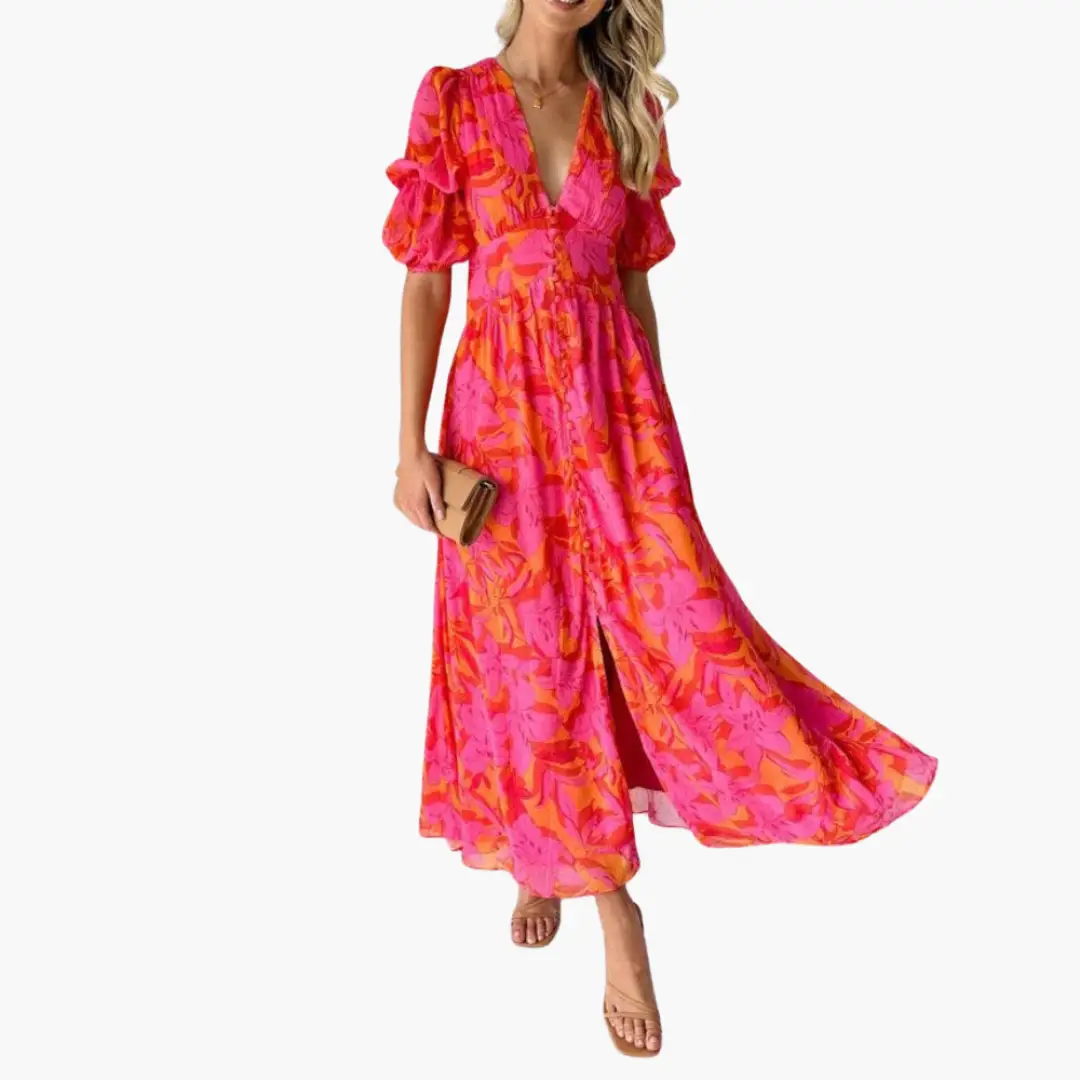 Elegant V-neck maxi dress for women with stylish puff sleeves, perfect for party wear or special occasions.