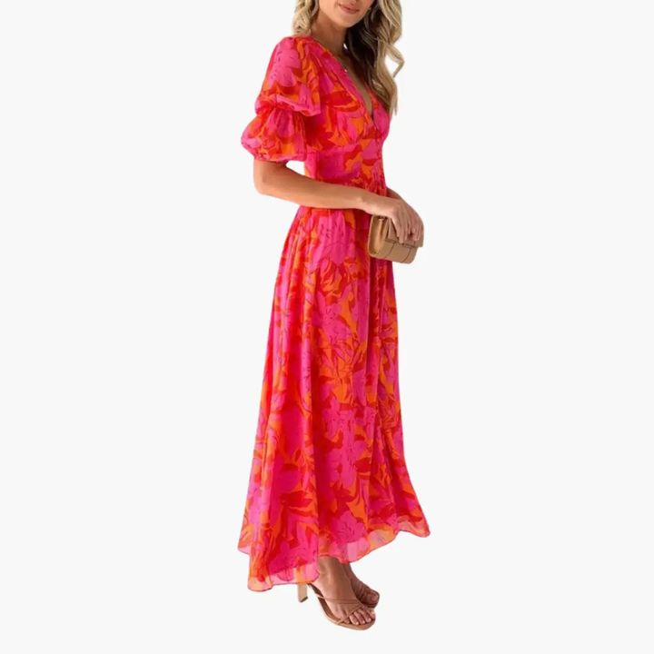 Chic women's V-neck long dress with puff sleeves, ideal for summer style, party wear & feminine fashion.