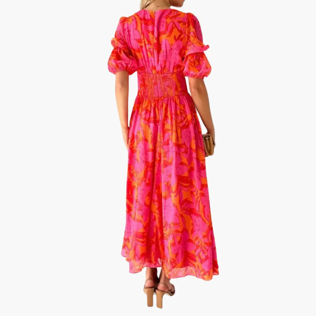 Flowy V-neck maxi dress for women, featuring elegant puff sleeves, a perfect long dress for special events.