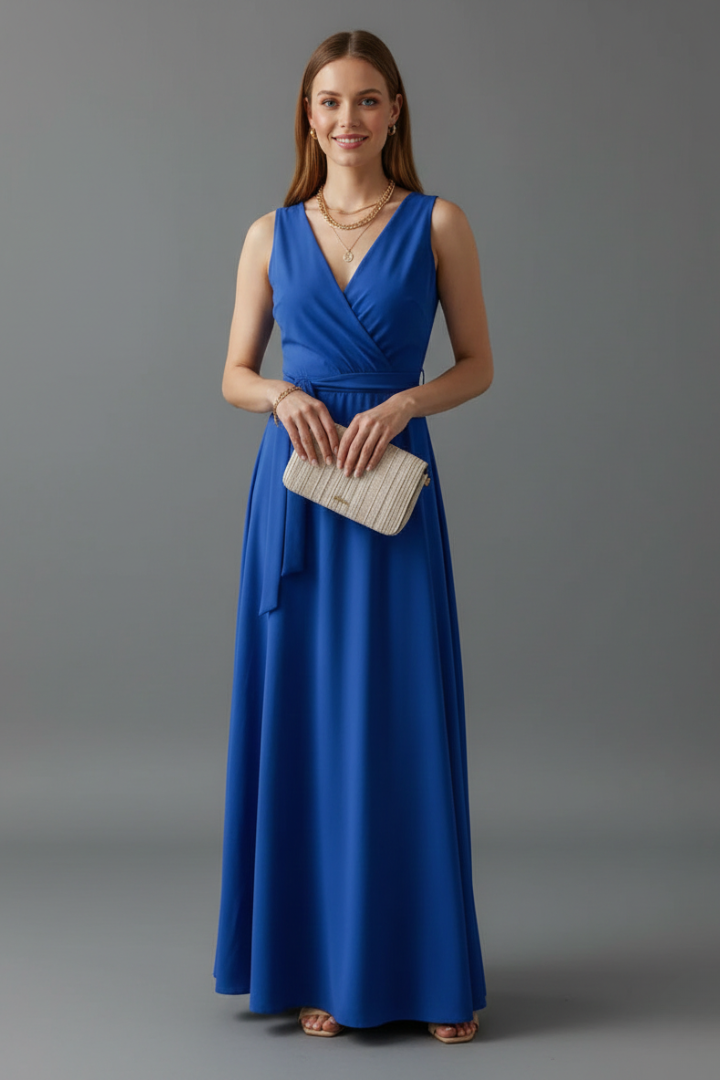 Comfortable V-neck sleeveless long dress, a women's maxi perfect for elegant spring/summer occasions & fashion.