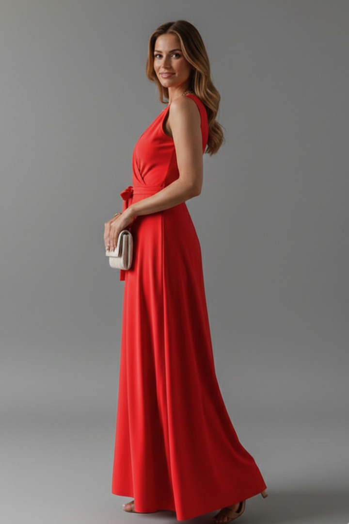 Flowy V-neck sleeveless long dress, a comfortable women's maxi for effortless spring & summer occasions.