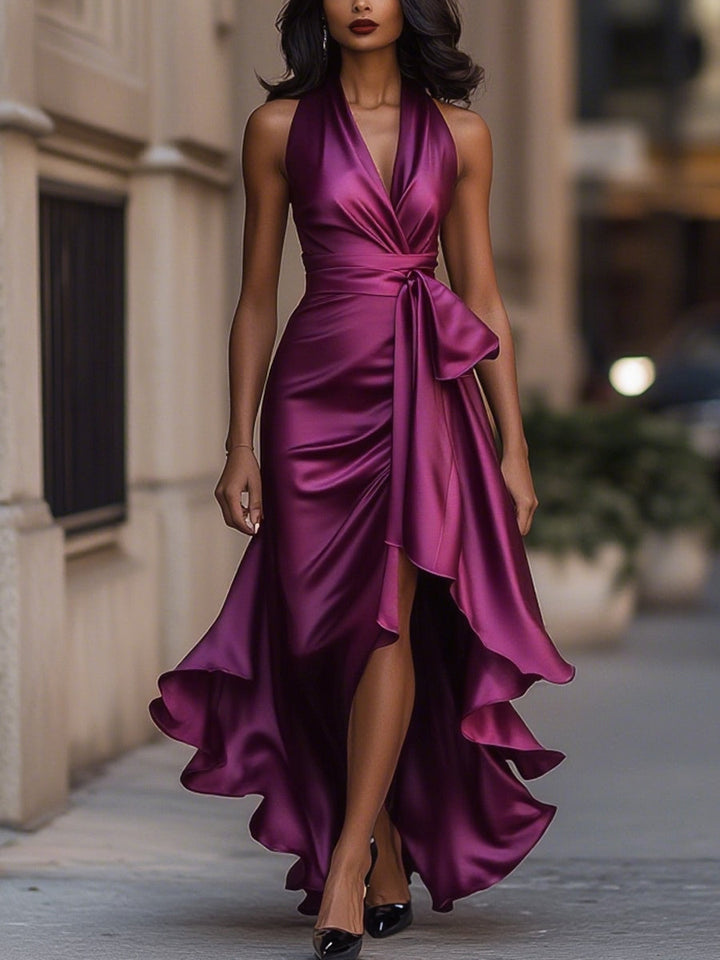 Women's elegant V-neck sleeveless wrap midi dress with high-low hem for summer chic.