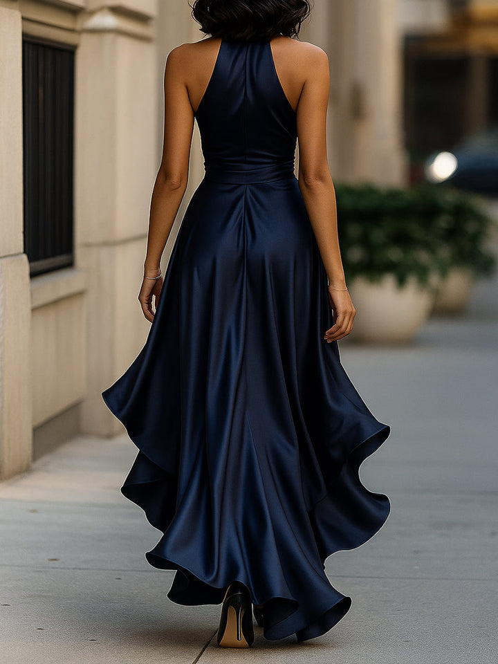 Stylish women's wrap midi dress with V-neck, sleeveless design & flattering high-low hem.