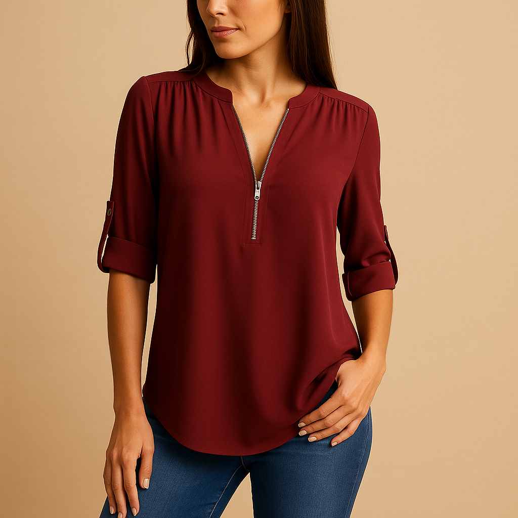 Casual chic V-neck women's blouse, an elegant and airy top for comfortable everyday and office wear.