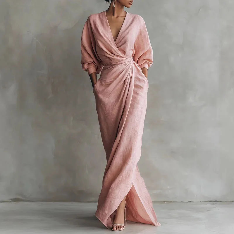 Elegant V-neck wrap waist maxi dress for women. Flattering slim fit, perfect for evening parties.