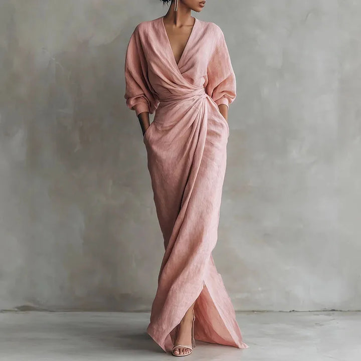 Elegant V-neck wrap waist maxi dress for women. Flattering slim fit, perfect for evening parties.