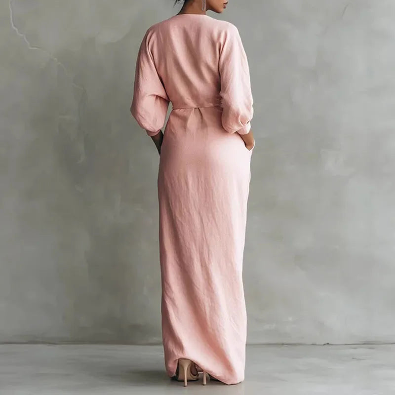 Sophisticated women's V-neck wrap maxi dress, ideal for formal events, parties, or evening wear.