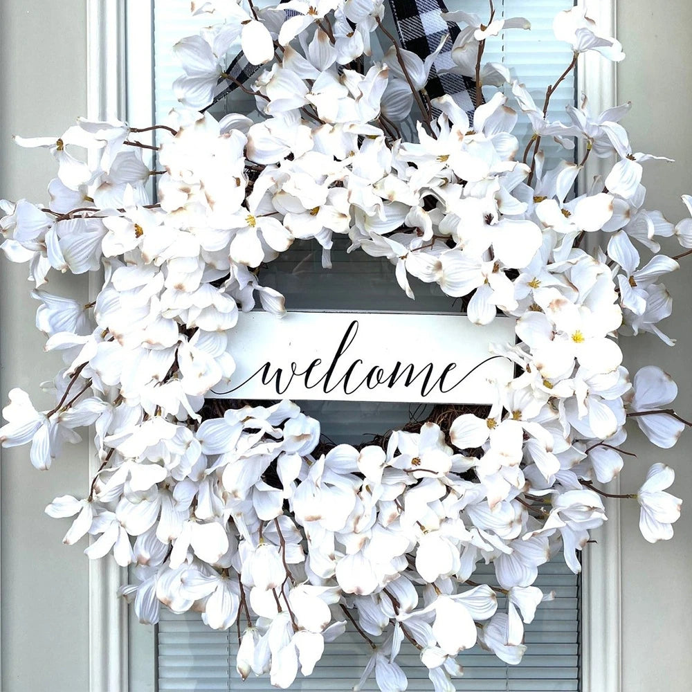 Elegant white dogwood blossom floral wreath for home, door, or wall decor.