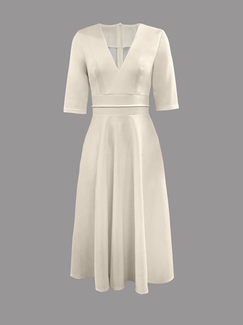 Chic white flared midi dress, a versatile and elegant choice for any formal event or wedding.
