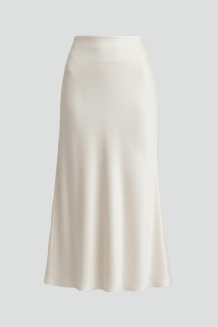 Elegant white high-waist draped midi skirt for women, perfect for sophisticated style.