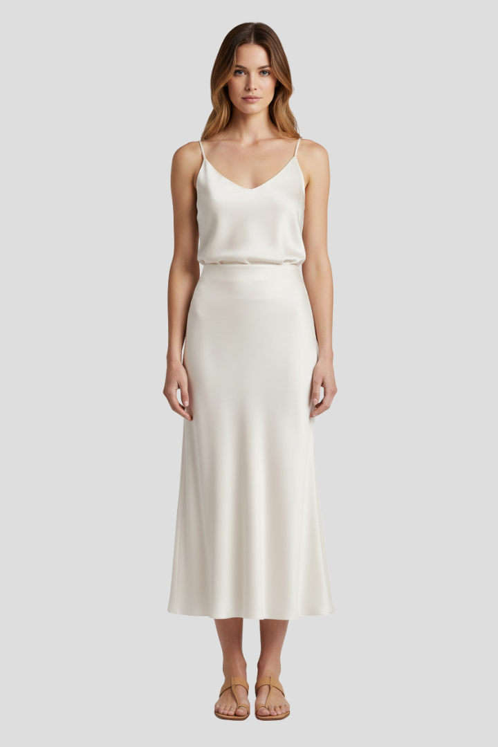 Chic women's high-waisted draped midi skirt, a versatile white piece for modern fashion.