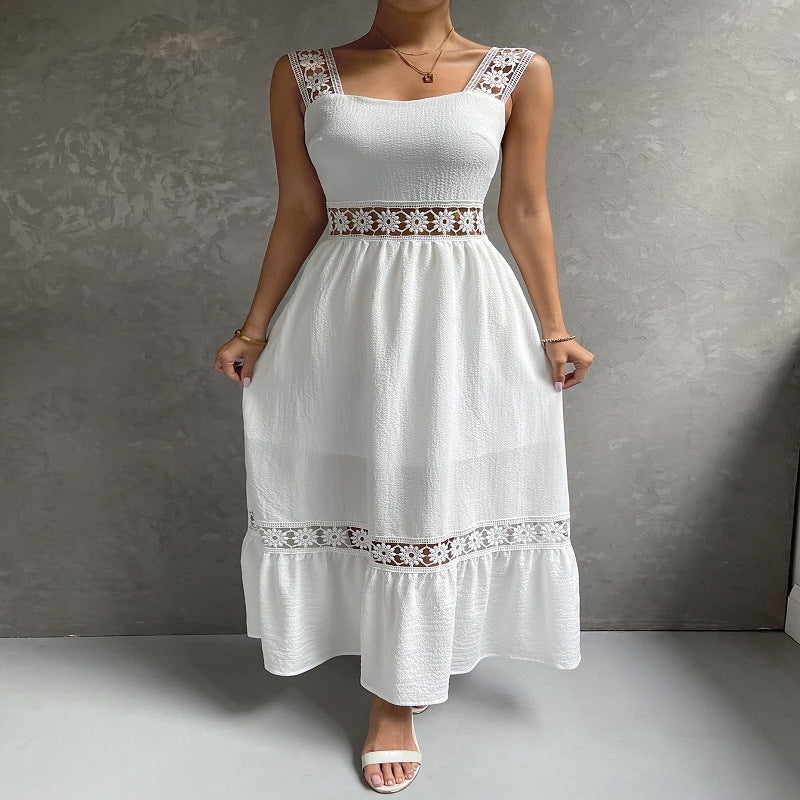 Elegant white women's maxi dress with floral trim, sleeveless, square neck. Perfect for summer occasions.