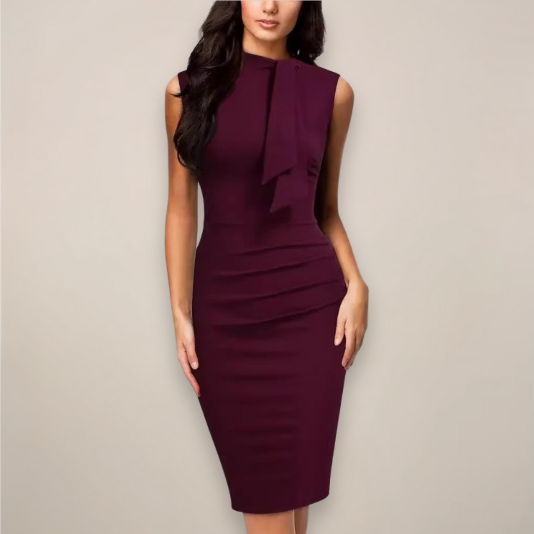 Elegant wine red sleeveless midi dress for women, perfect for work or an evening out.