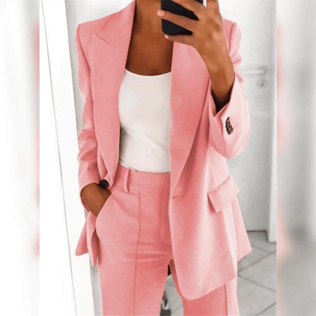 Stylish women's work suit set, featuring a structured blazer and comfortable pants for business fashion.