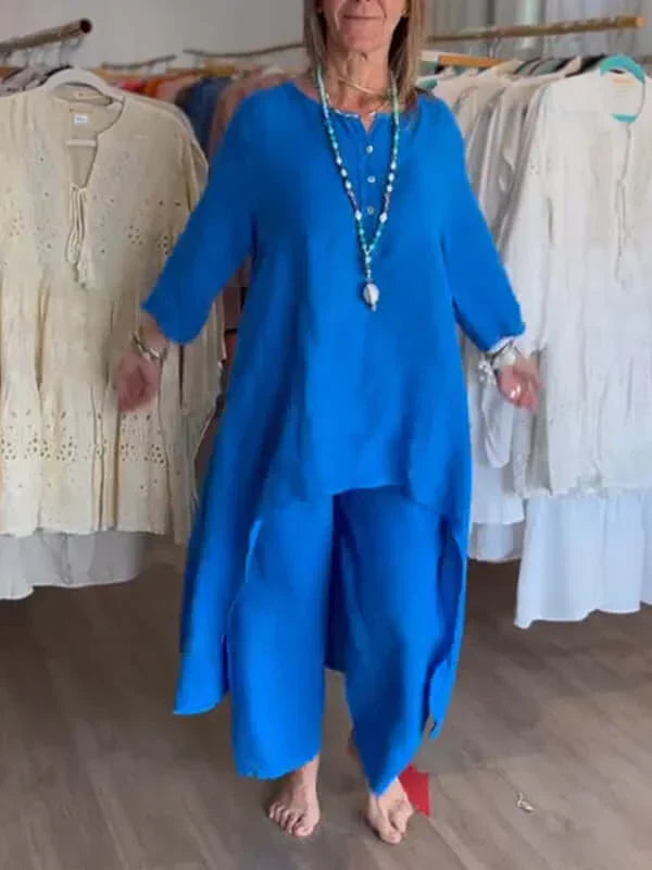 Elegant women's summer two-piece suit set, relaxed fit for casual and stylish resort wear.