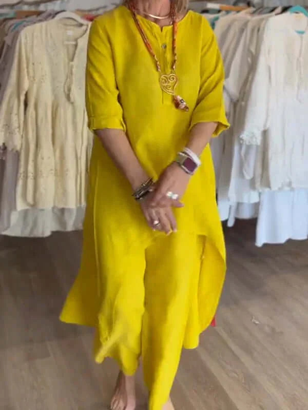 Complete women's two-piece summer suit set, chic & elegant for versatile resort wear.