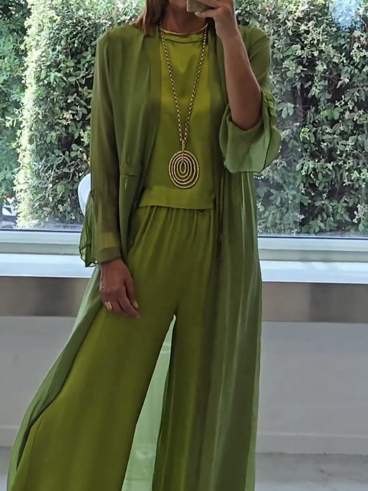 Women's versatile 3-piece polyester set. Elegant yet comfortable loungewear outfit for spring, summer casual wear.