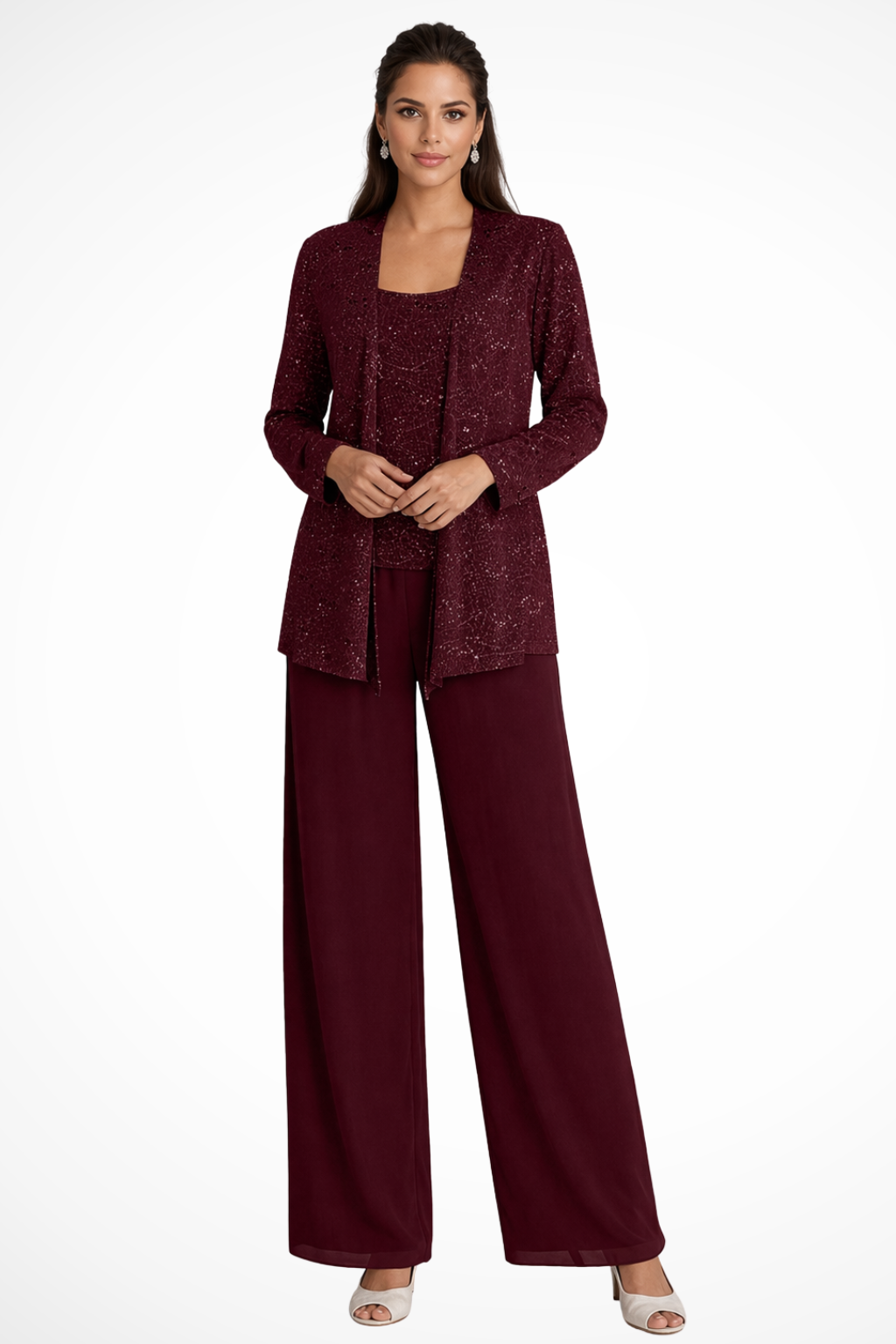 Full-length view of a women's 3-piece sequin wide leg pant suit, ideal for formal wear.