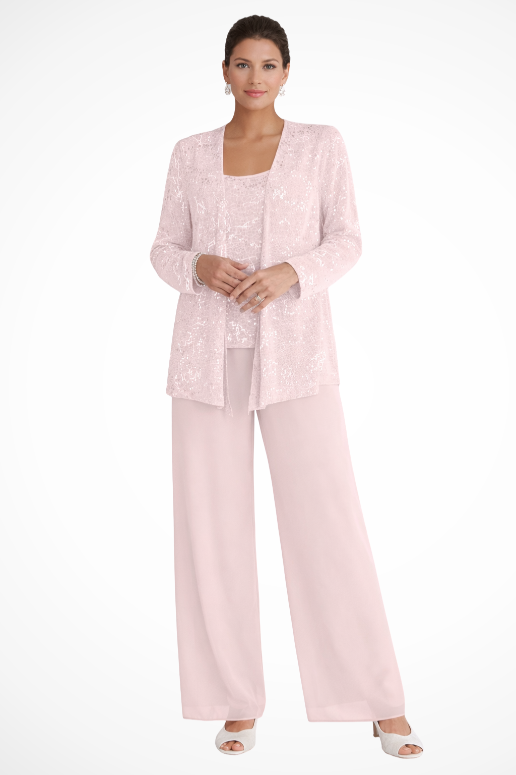 Versatile women's sequin 3-piece set: wide leg pants, top & jacket for special events.