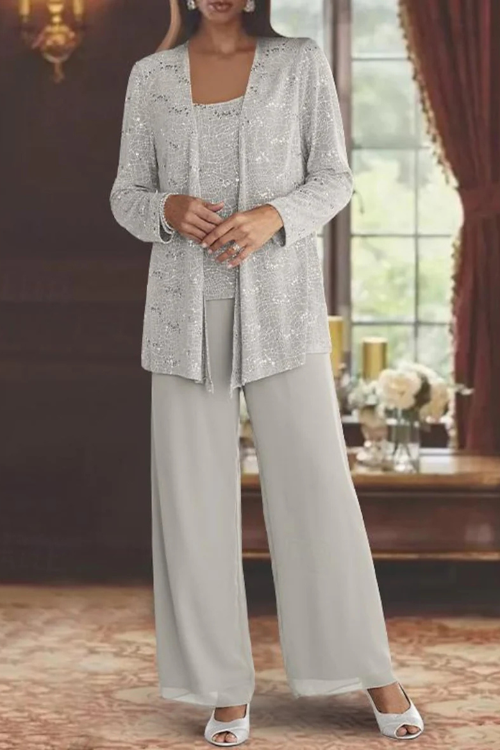 Glamorous women's sequin wide leg pant suit, perfect for wedding guests & evening wear.