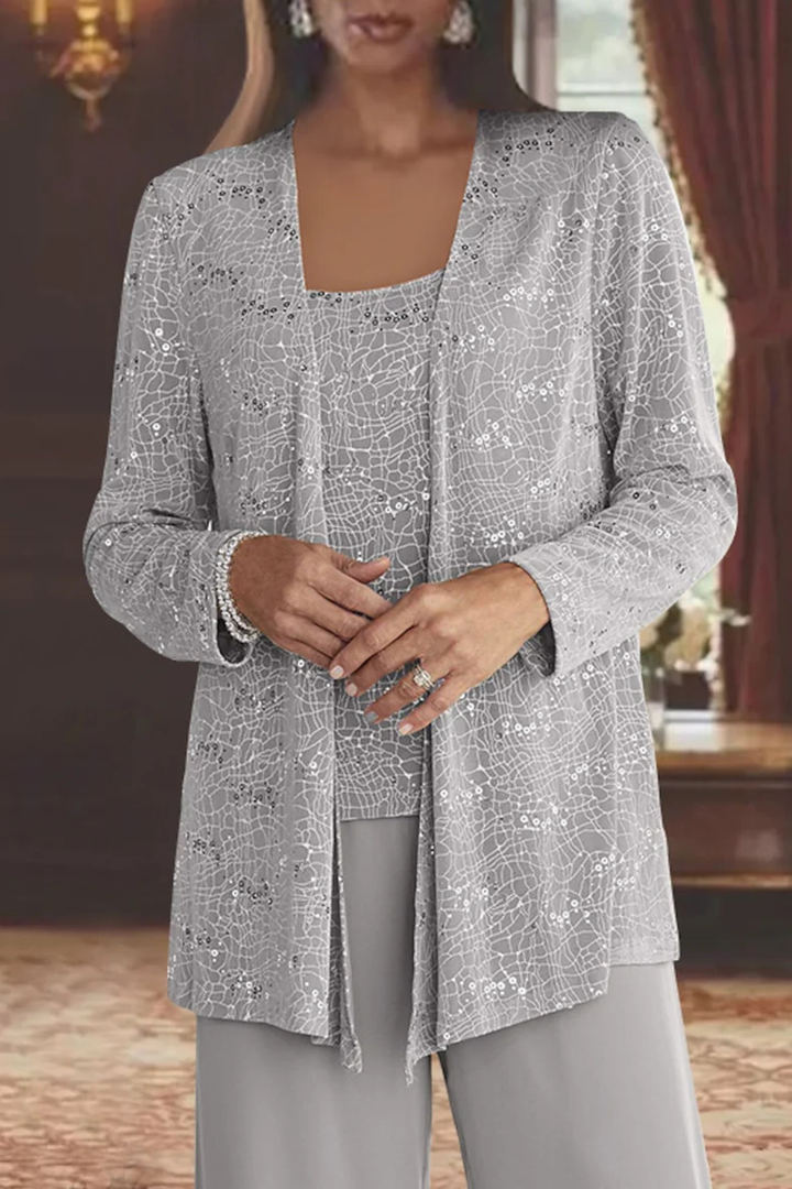 Chic women's wide leg pant suit with sparkling sequin embellishments for special occasions.