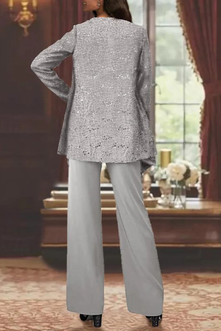 Women's 3-piece matching set: sequin top, jacket, & wide leg pants for elegant evenings.