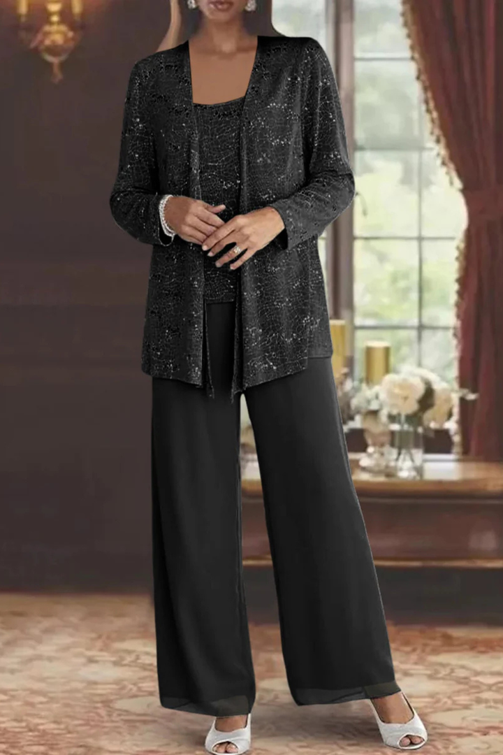 Sophisticated mother of the bride sequin wide leg pant suit, a glamorous 3-piece outfit.