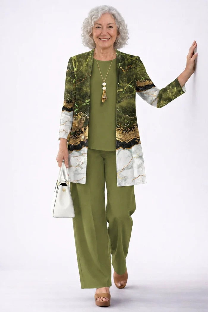 Fashionable women's 3-piece outfit: elegant blazer, versatile top & sleek trousers. Smart business wear.