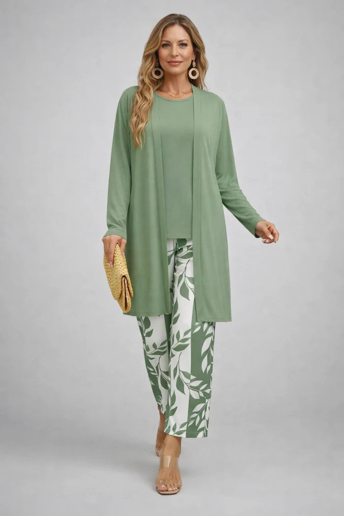 Chic women's coordinated 3-piece set featuring a blazer, top & tailored trousers. Elegant business attire.