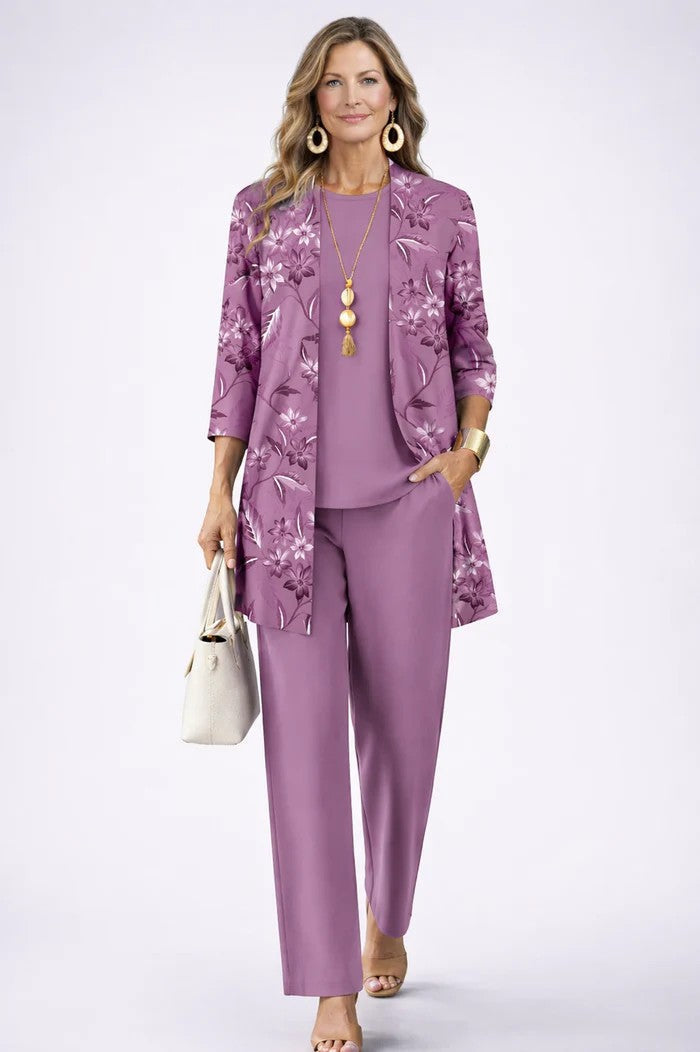 Women's professional 3-piece suit: stylish blazer, comfortable top, and smart trousers for work.