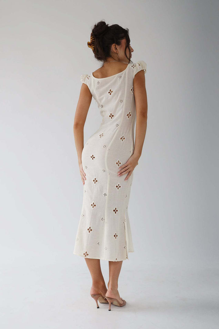 Classic red women's midi dress with short sleeves, a timeless option for a formal event.