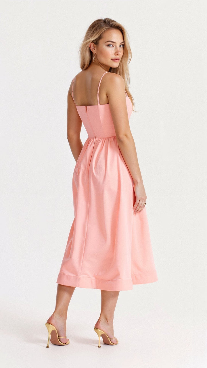 Comfortable women's A-line midi dress, featuring spaghetti straps. Perfect for elegant spring & summer outfits.