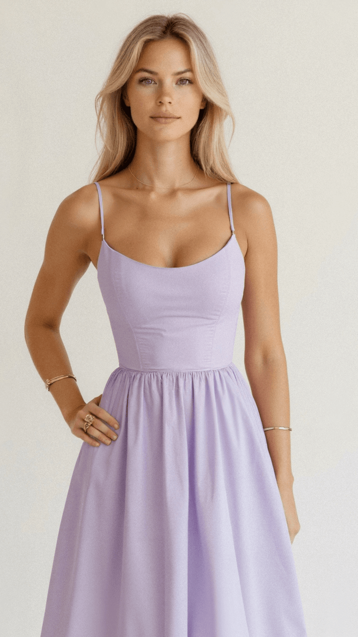Women's versatile A-line midi dress with spaghetti straps. A comfortable and chic option for warm weather.
