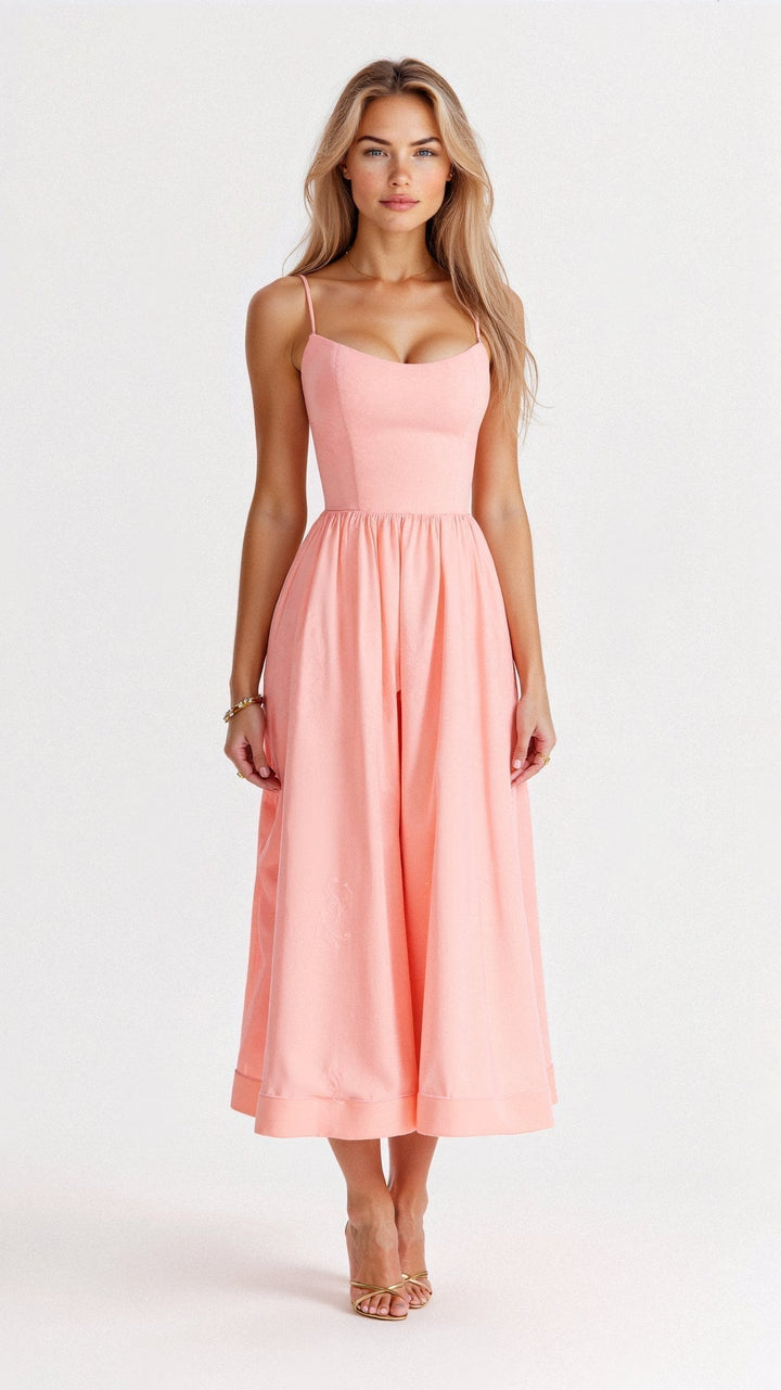 Elegant women's A-line midi dress, spaghetti strap design. Comfortable & stylish for spring and summer fashion.